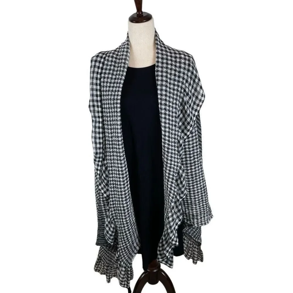 Ted Baker London Penny Gingham Frill Ruffle‎ Scarf black and white 40“ square